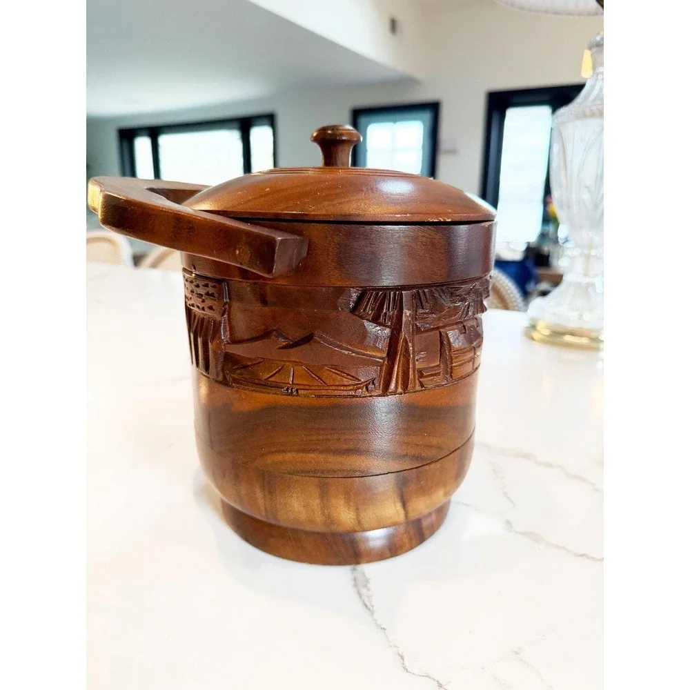 Hand Carved Wooden Tiki Bar Ice Bucket, Mid Century Barware, Polynesian Decor